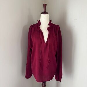 Express Burgundy Embossed Animal Print Ruffle Long Sleeve Blouse Medium